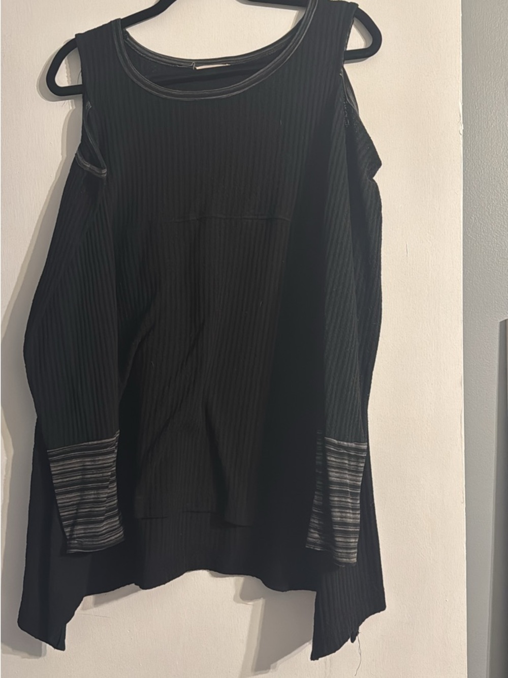 Black Cold-Shoulder Ribbed Knit Top with Striped Cuffs